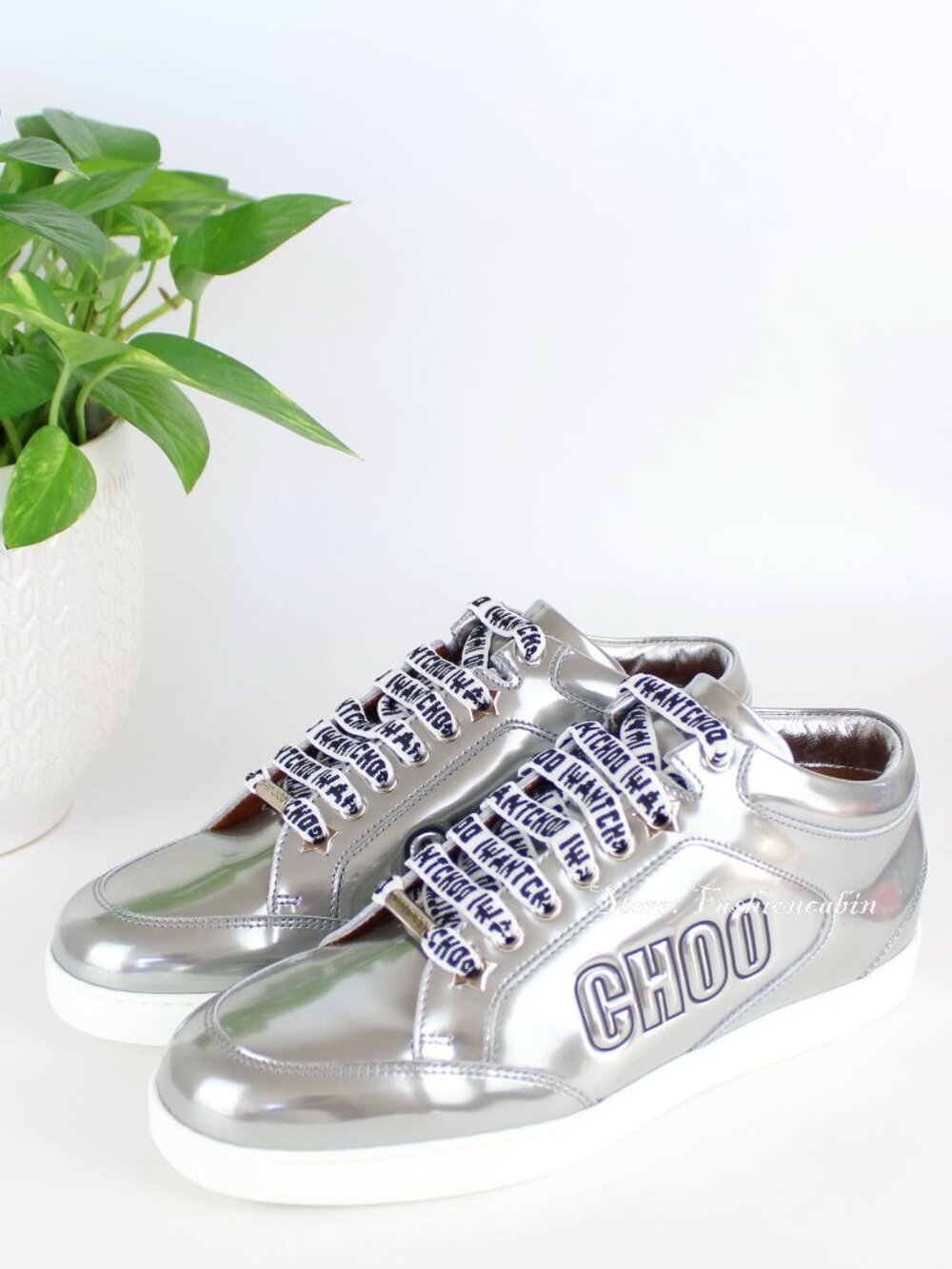 New JIMMY CHOO Metallic Silver Logo Leather Sneakers– Comfort for Everyday Glam